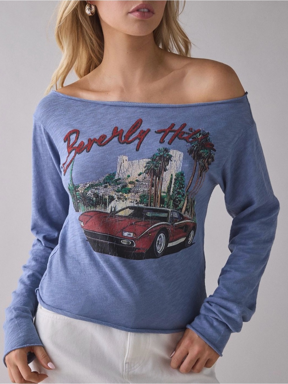 Beverly Hills Graphic Long Sleeve Off-The-Shoulder Tee Size Medium
